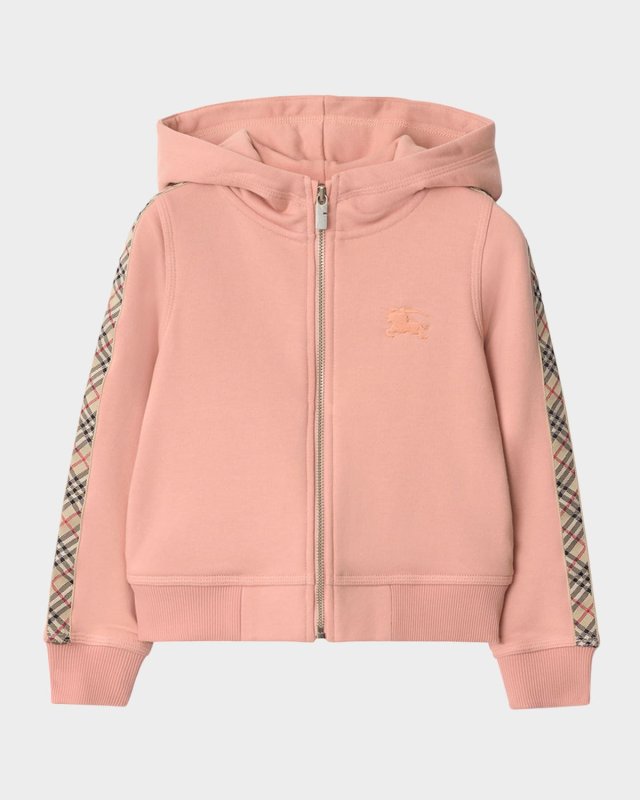 Girl's Elin Check Tape Zip-Front Hoodie, Size 3-14